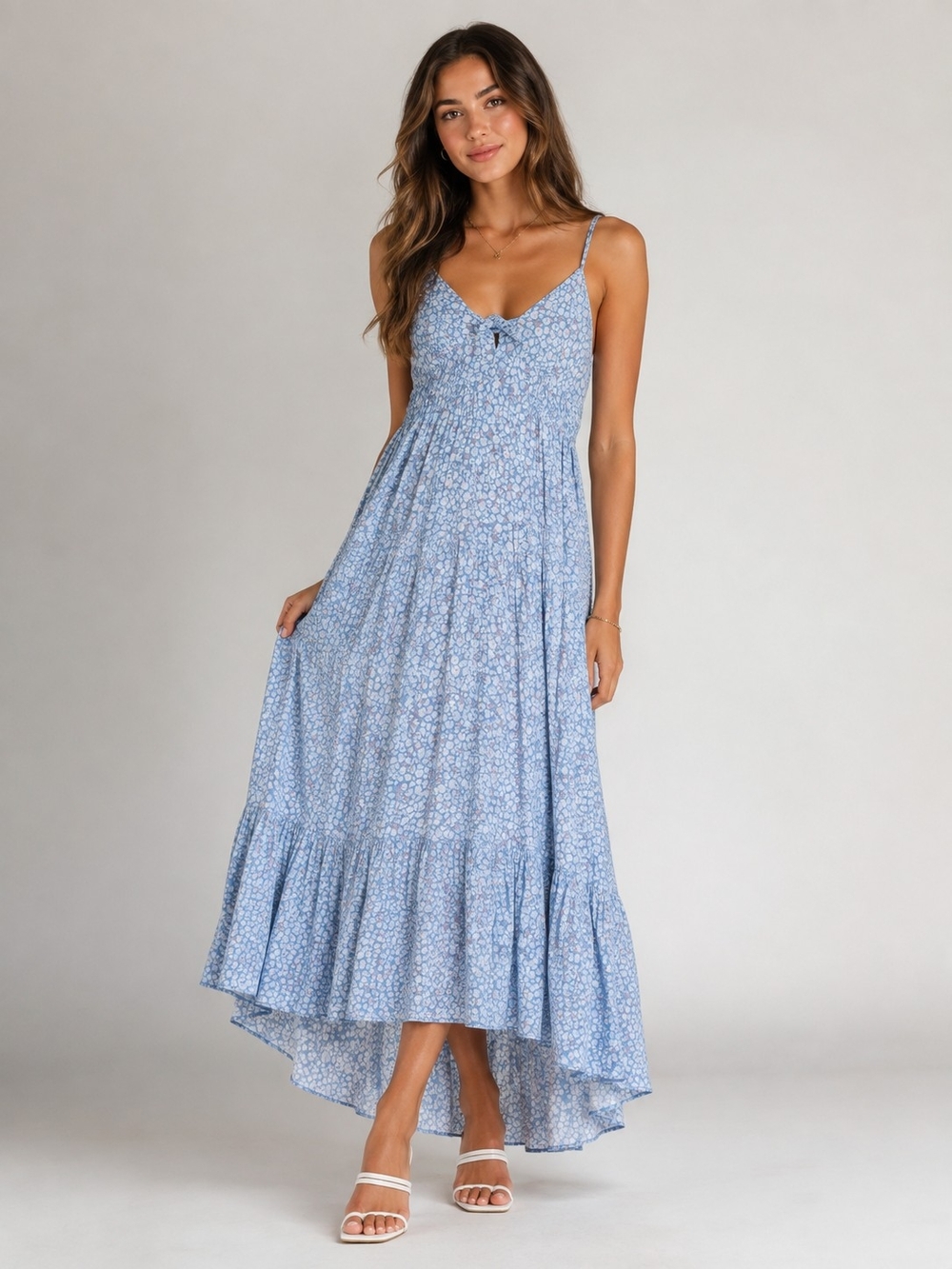 Angie Light Blue Floral High-Low Maxi Dress Size L Cottagecore Granola Bohemian